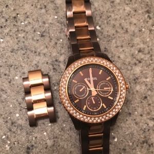 Bronze & Gold Fossil Watch with rhinestones